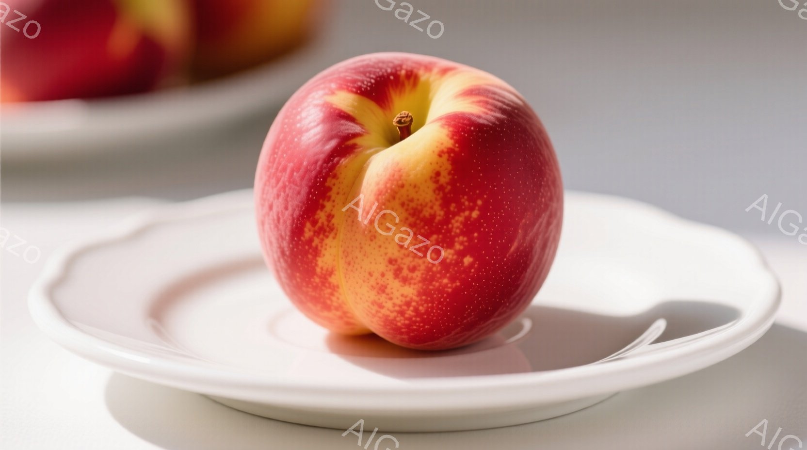 白い皿の上に、赤と黄色のまだら模様の桃が一つ置かれています。桃は丸みを帯びており、表面には細かい産毛が見えます。背景は淡いグレーで、皿の影が薄く映り、全体的に静かで穏やかな雰囲気を醸し出しています。