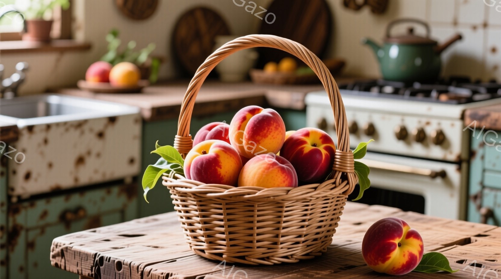 ざっととした木製のテーブルの上に、葉を添えた桃がたっぷり入った籐のバスケットが置かれています。背景には、古びた緑色のキッチンと、調理器具や植物が少し見えます。全体的に、暖かく、素朴で、落ち着いた雰囲気 - AI生成フリー素材
