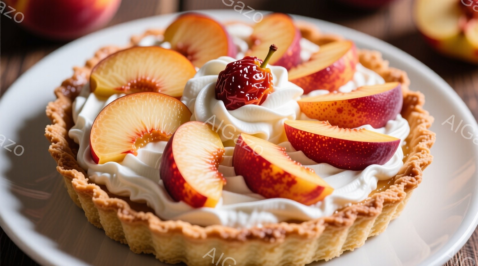 白い皿に盛られたタルトが写っています。サクサクしたタルト生地の上には、ふんわりとしたクリームと、赤とオレンジの色合いが美しい桃のスライス、そして小さな赤い果実が飾られています。全体的に明るく、甘くて美 - AI生成フリー素材