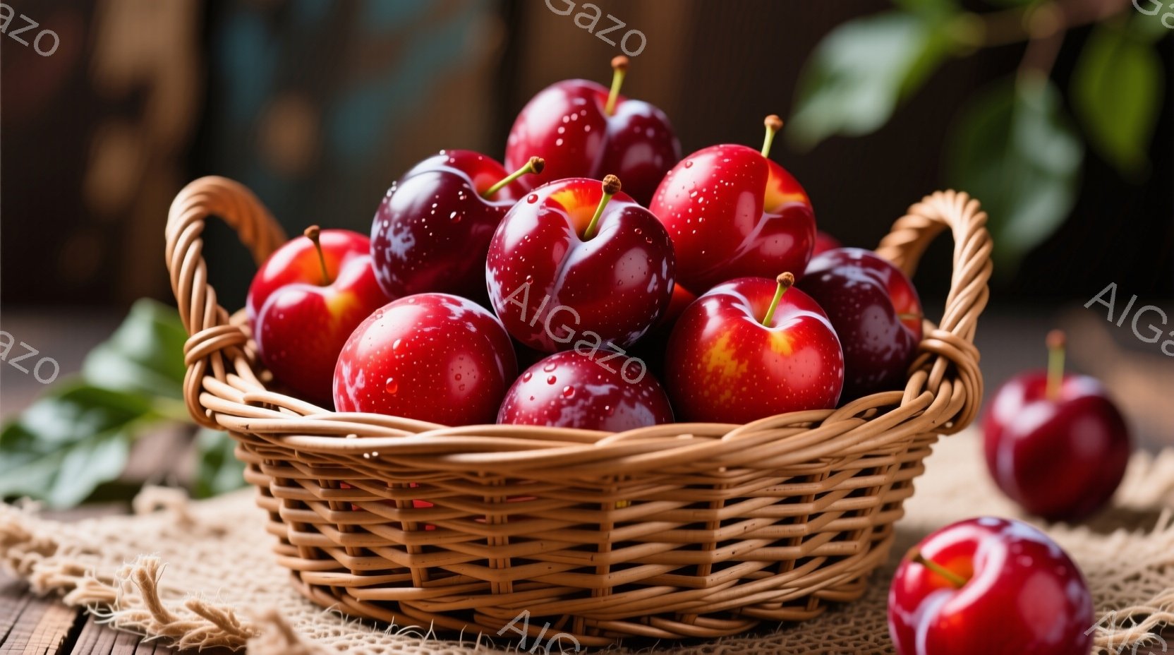 籐編みのバスケットに、鮮やかな赤紫色のプラムがたっぷりと盛られています。プラムは水滴で覆われ、みずみずしい様子が伝わってきます。背景には木製のテーブルと粗い麻布、そして緑の葉が見え、自然で素朴な雰囲気を醸し出しています。