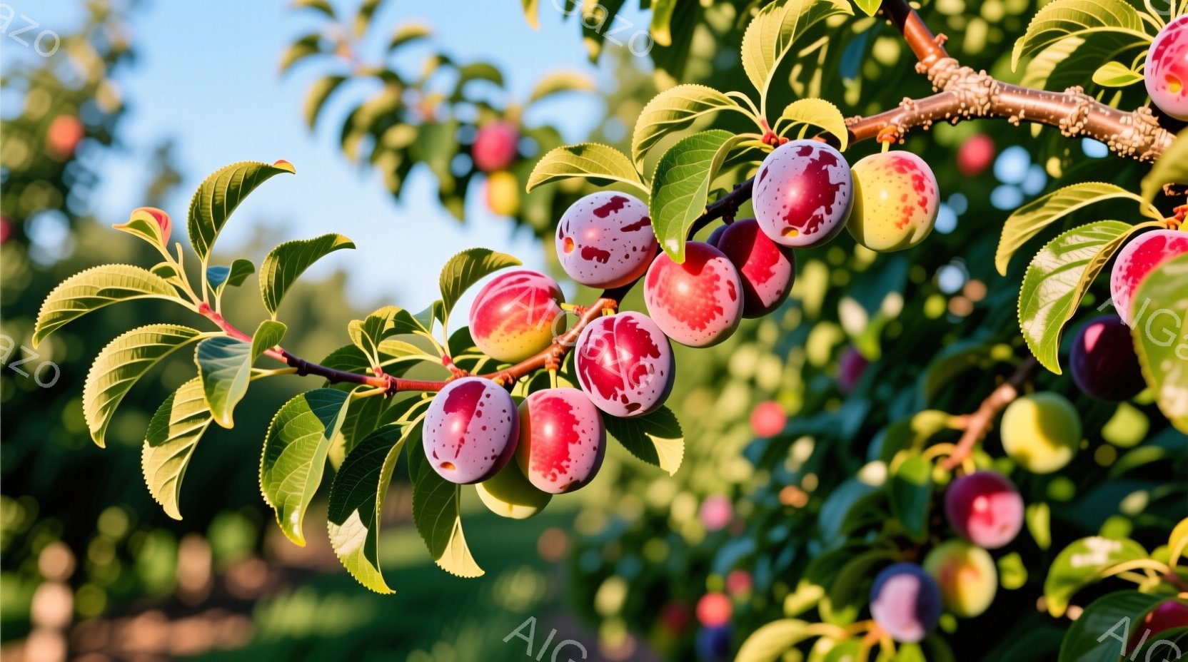 鮮やかな緑の葉に、赤と紫色のプラムが実をつけている枝が写っている。プラムは太陽の光を受けて赤色が強調され、実の表面には点々とした斑点が見られる。背景には他のプラムの木々や、ぼやけた緑の葉が広がり、穏やかで夏の日の雰囲気を醸し出している。
