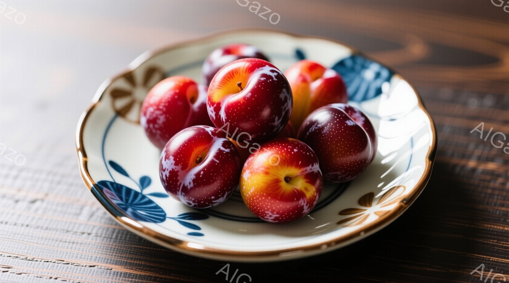 白地に藍色の模様が描かれた丸いお皿に、赤紫色のプラムがいくつか盛られています。プラムはみずみずしく、表面に淡い光沢があり、まるで宝石のようです。木製のテーブルの上に置かれ、温かみのある雰囲気が漂っています。