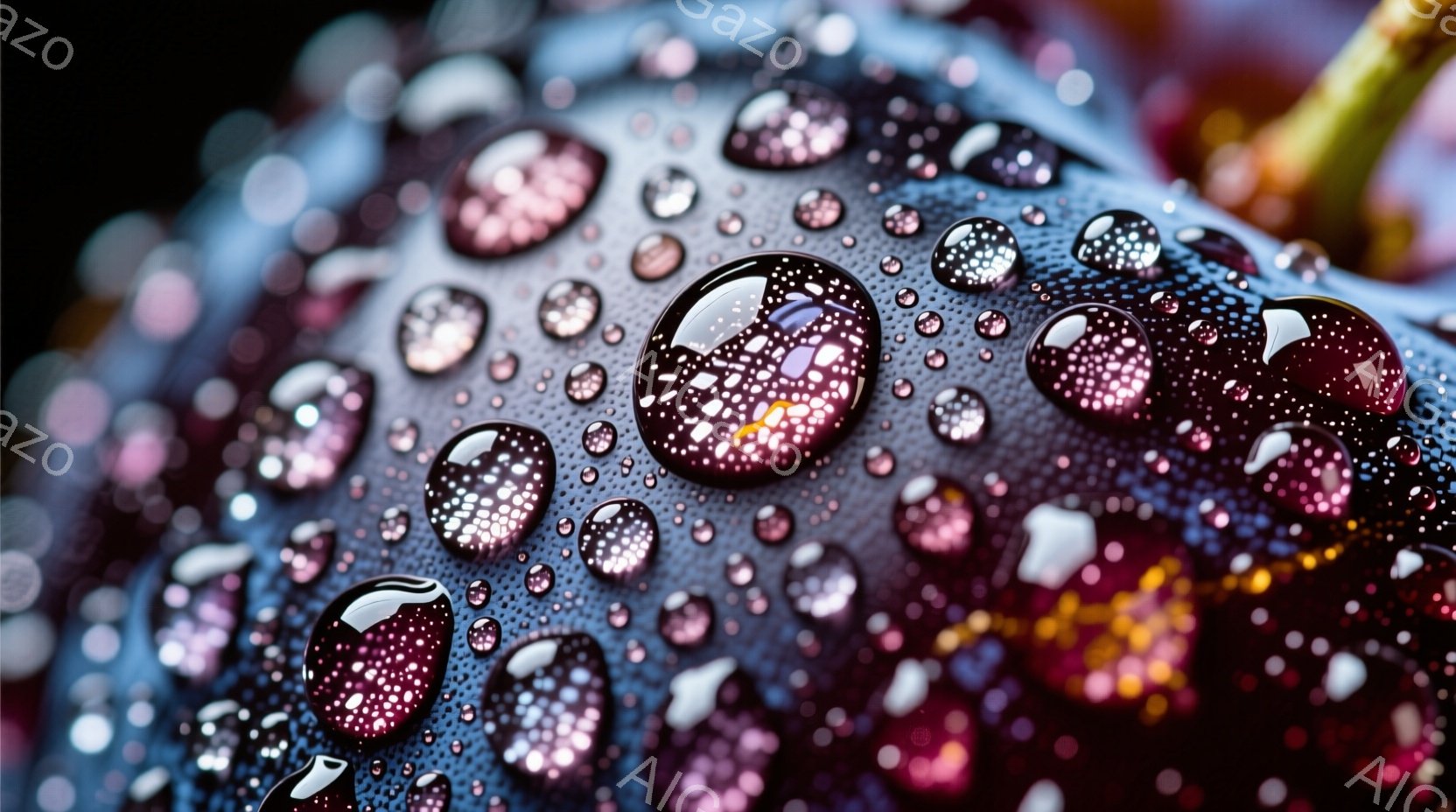 濃い紫色に光沢のある表面を持つ物体が、多数の水滴で覆われています。水滴は球形で、その内部に反射した光が鮮やかに見え、まるで小さな万華鏡のようです。背景は暗くぼやけており、水滴の鮮やかさと光沢が際立っています。