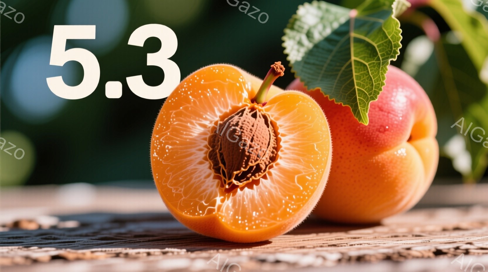 鮮やかなオレンジ色の杏が、半分に割れて中の種が見える状態で木製のテーブルの上に置かれている。隣には割られていない杏が一つあり、緑色の葉が添えられている。背景はぼやけており、緑豊かな自然が広がっている様 - AI生成フリー素材