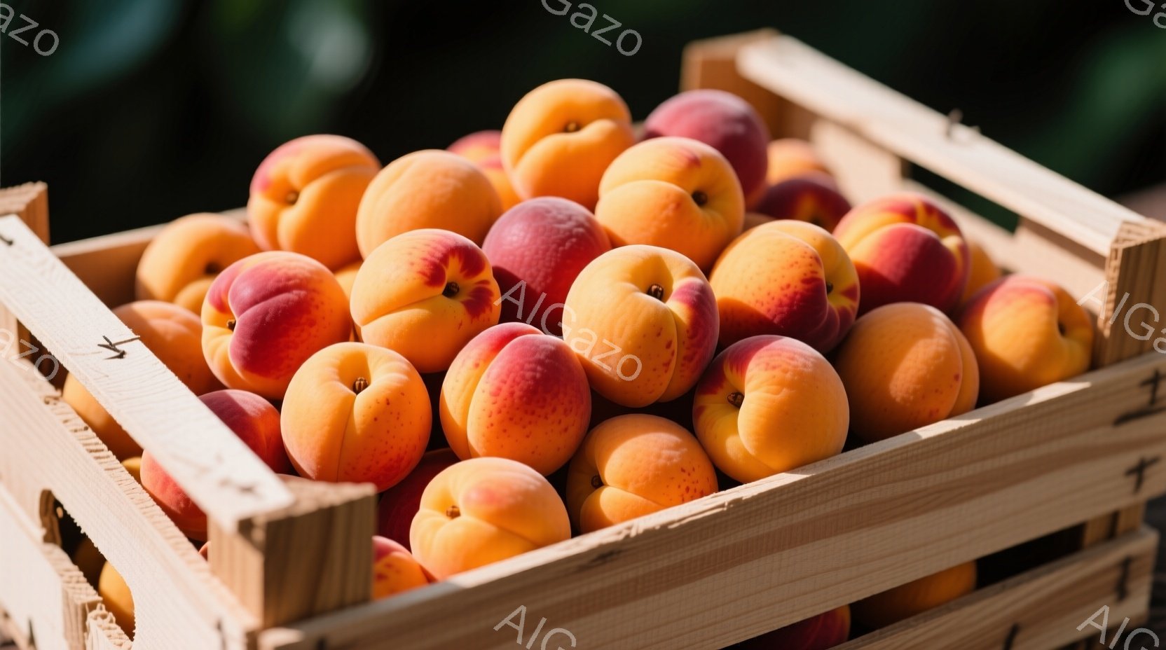 籠いっぱいの桃が写っている。桃は鮮やかなオレンジ色と赤色で、瑞々しく見える。木製の箱は自然な色合いで、桃の暖かさを引き立てている。 - AI生成フリー素材