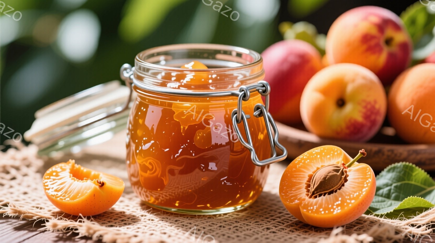 琥珀色の杏のジャムが入ったガラス瓶が、粗い麻のテーブルクロスの上に置かれている。半分に切られた杏が２つと、丸い杏が数個、瓶の周りに散らばっており、緑の葉が添えられている。全体的に暖色系の色調で、素朴で - AI生成フリー素材