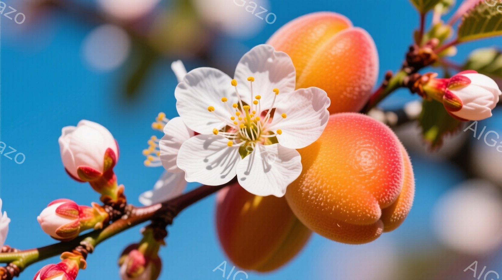 鮮やかな青空を背景に、桃の花と実が咲き誇る様子が捉えられています。白く可憐な花びらは繊細で、中心の黄色い雄しべが目立ちます。桃の実も可愛らしいピンク色で、春の暖かさと生命力を感じさせる一枚です。