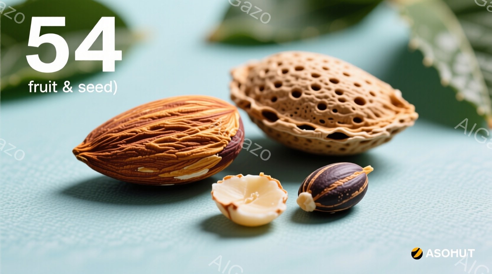 鮮やかな水色の背景に、３つの杏の実が配置されている。一つは半分に割れて中の種が露出し、もう一つは殻に入ったまま、そしてもう一つは殻が剥がれかけている。全体的に明るく、自然な雰囲気で、果物の瑞々しさが感 - AI生成フリー素材