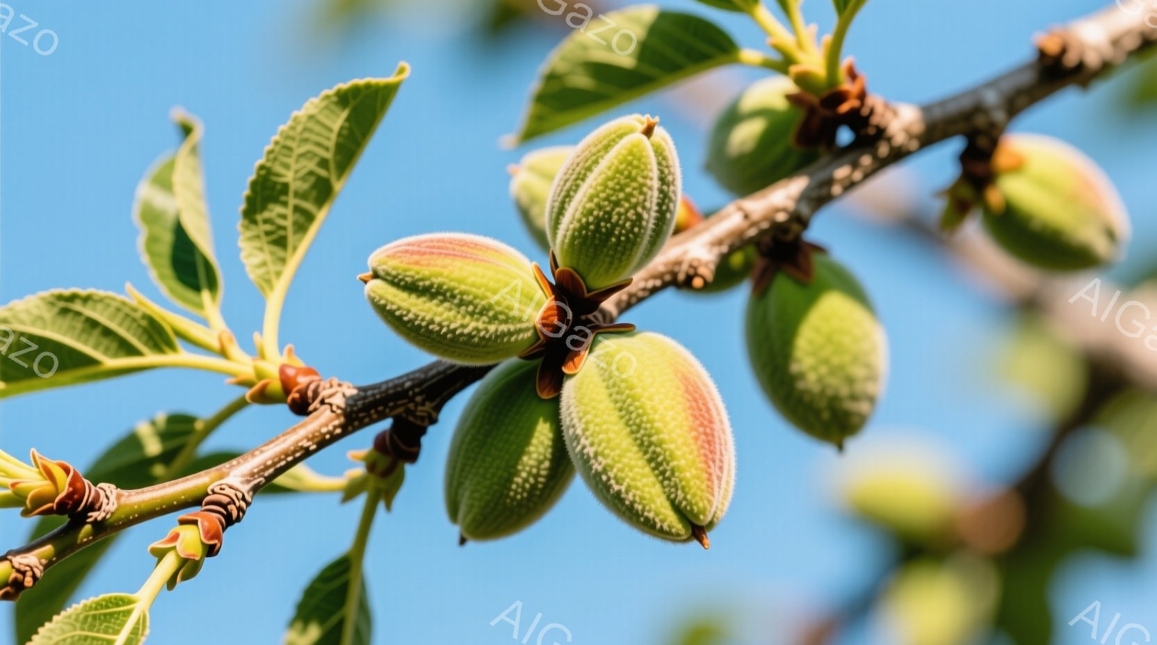 アーモンドの木の枝に実ったばかりの、まだ緑色のアーモンドの果実を捉えています。青空を背景に、アーモンドの実と新芽の鮮やかな緑色が際立っており、春の穏やかな日差しを感じさせます。枝はまだ少し茶色っぽいですが、生命力に満ちた様子が伝わってきます。