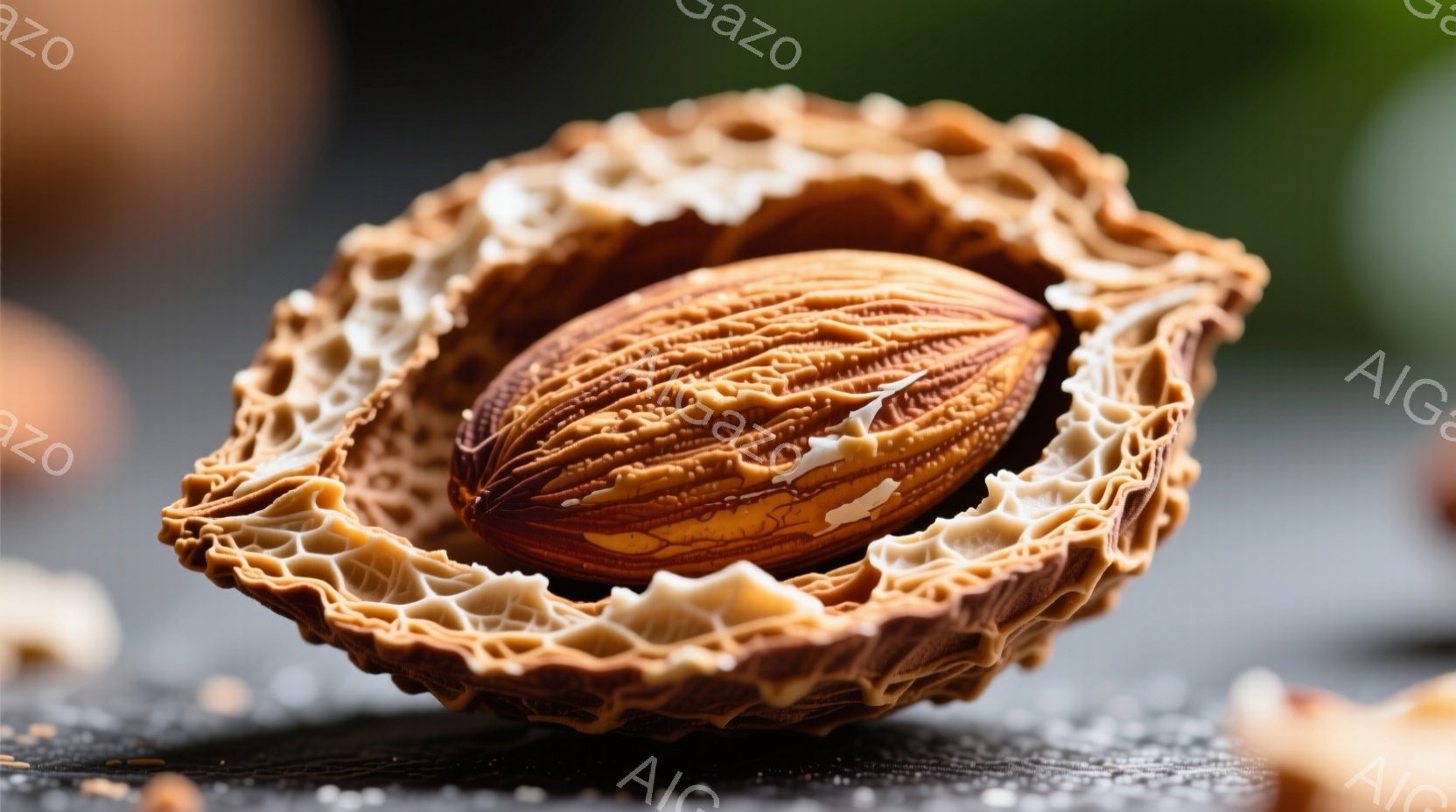 焦点は、割れたチョコレートシェルの中に横たわるアーモンドに当てられています。チョコレートは茶色と白の複雑な模様を持ち、アーモンドの自然な色合いと質感と対照的です。背景は暗くぼやけており、アーモンドとチョコレートの食感と形を強調しています。