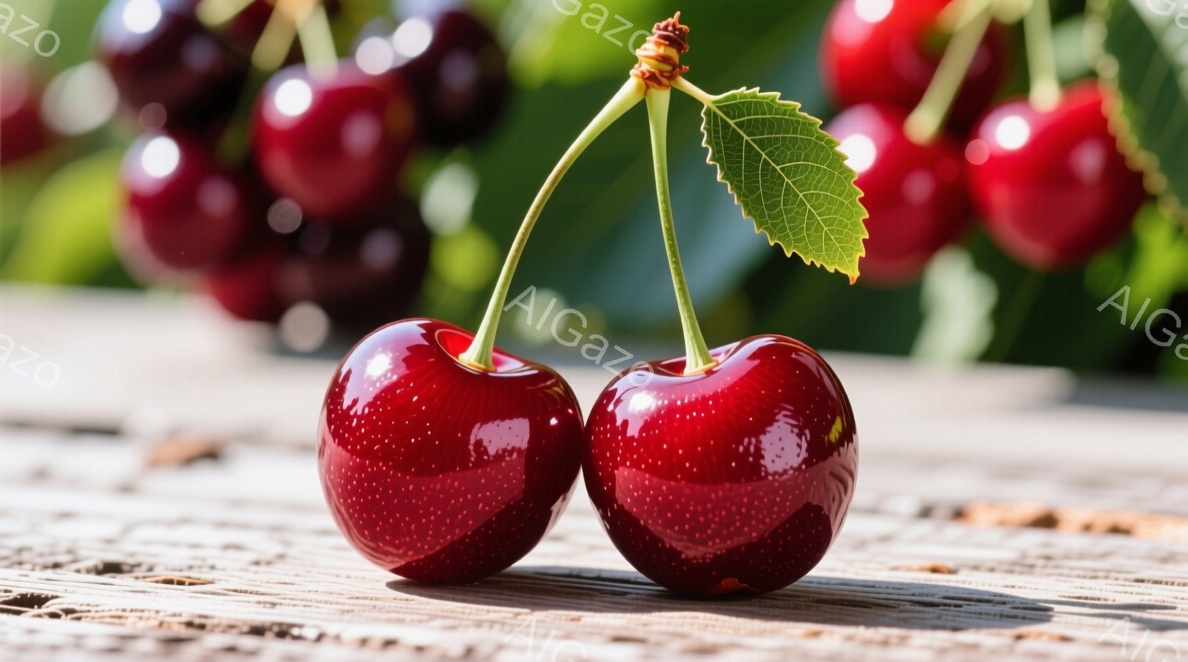 深紅色のチェリーが二つ、茶色の木製テーブルの上に置かれています。チェリーは瑞々しく、表面には小さな光の反射が見られ、葉っぱと茎が鮮やかな緑色で対照的です。背景はぼやけており、他のチェリーや木製の質感がわずかに見え、全体的に暖かく、自然な雰囲気を醸し出しています。
