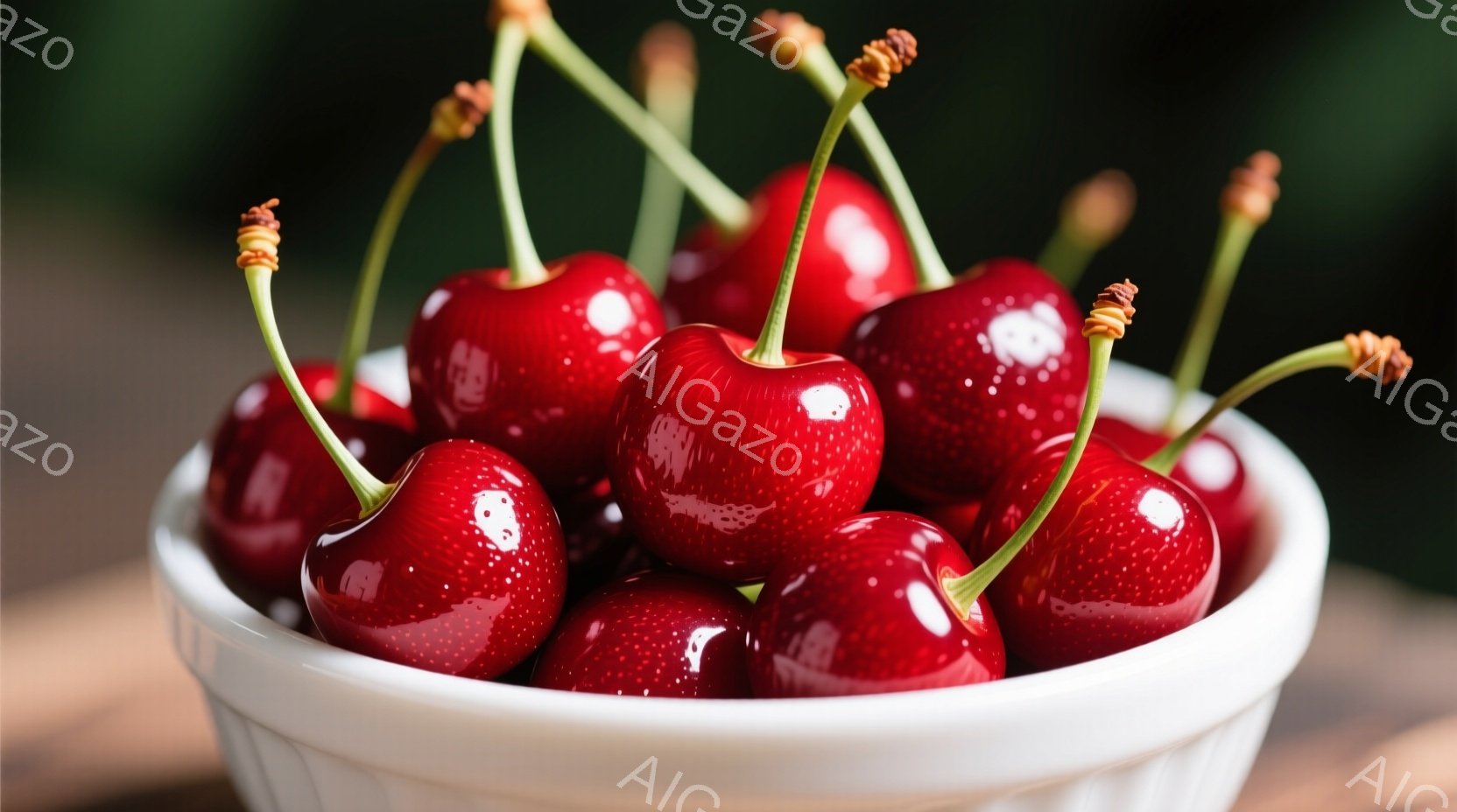 白いボウルに鮮やかな赤いサクランボがぎっしりと詰まっています。サクランボは光沢があり、瑞々しく、それぞれの実に緑色の茎が付いています。背景はぼやけていますが、木製のテーブルのようなものが一部見え、全体的に明るく、食欲をそそる雰囲気です。