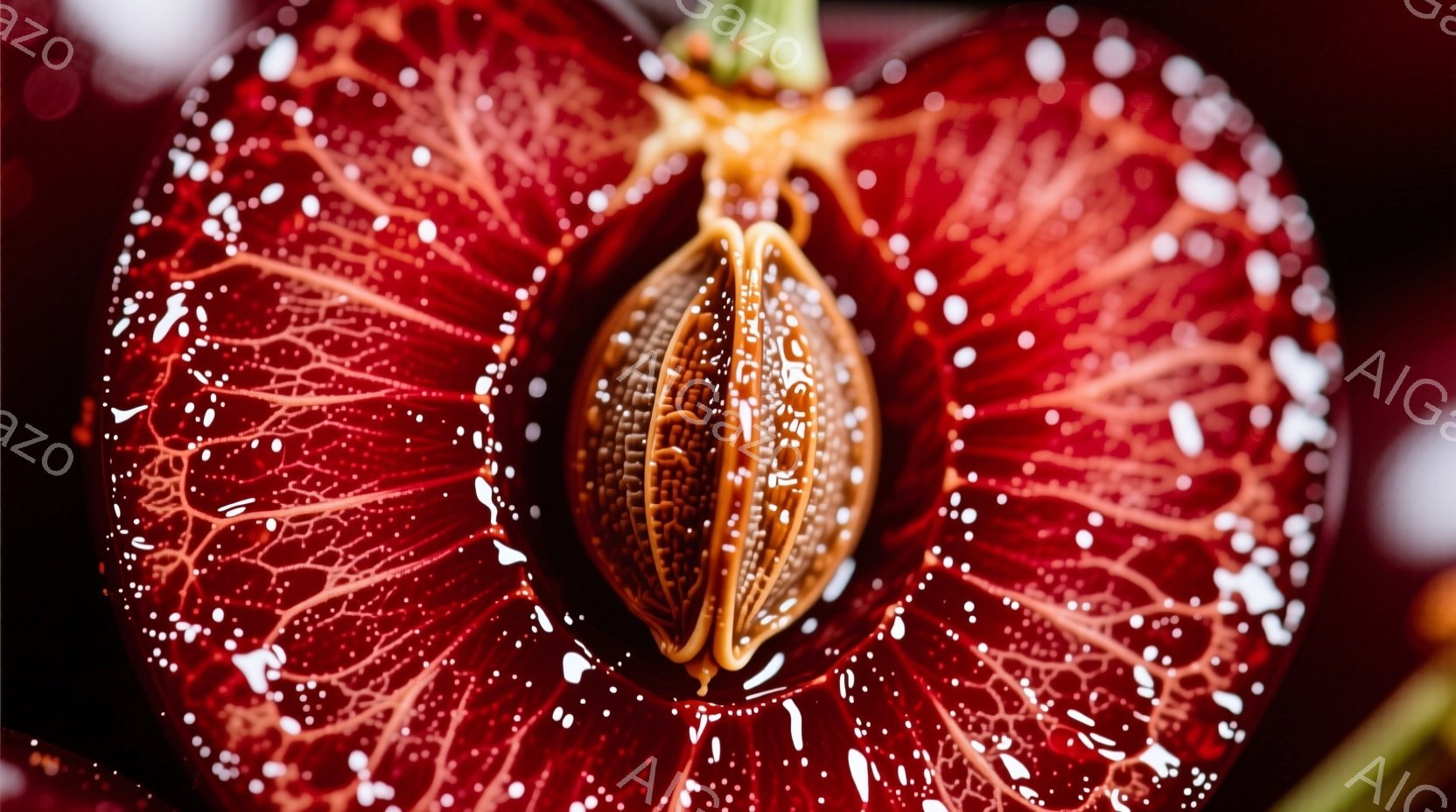 赤いサクランボが半分に割られており、種が中央に位置しているクローズアップ写真です。果肉は水滴で覆われ、表面には繊細な血管のような模様が広がっています。背景は暗く、サクランボの鮮やかな赤色が際立っており - AI生成フリー素材