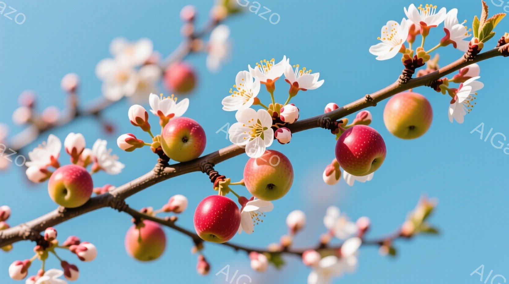 リンゴと桜の花が咲き誇る木の枝を捉えています。青空を背景に、赤や黄色の小さなリンゴと、白く繊細な桜の花が互いに交じり合い、春の暖かさと生命の息吹を感じさせます。全体的に明るく、希望に満ちた、穏やかな雰 - AI生成フリー素材