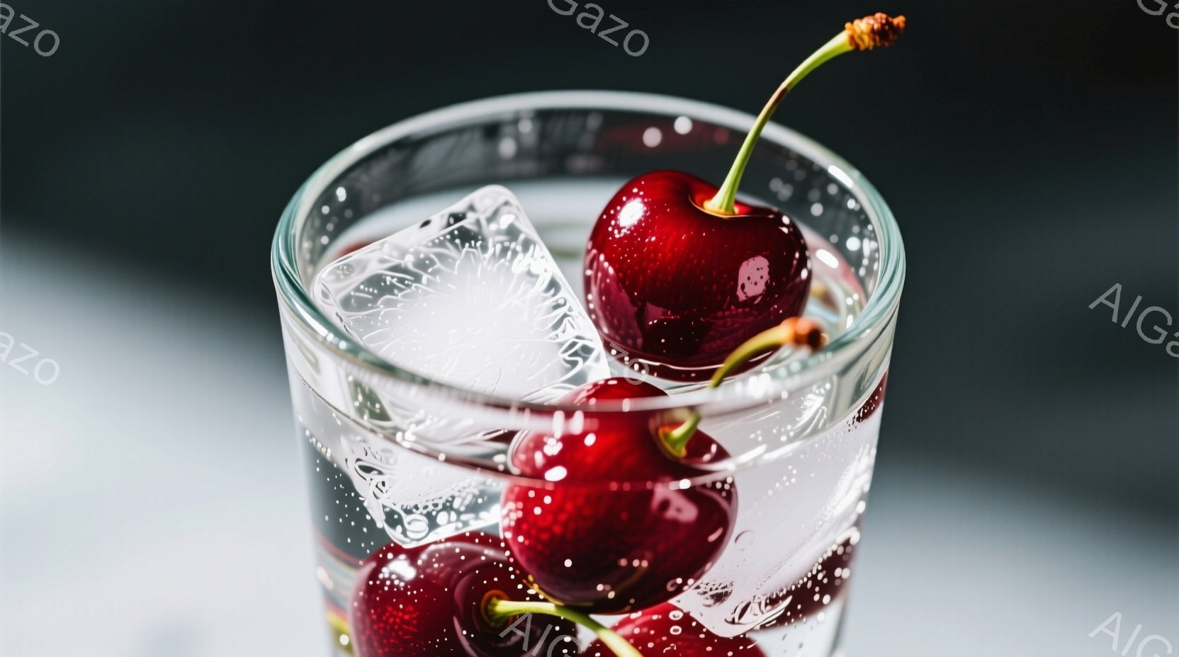 グラスの中に赤いサクランボがいくつか入っており、周りには氷が浮かんでいます。サクランボは瑞々しく、光沢があり、鮮やかな赤色が食欲をそそります。背景は暗く、グラスとサクランボが際立っており、爽やかで涼しげな雰囲気を醸し出しています。