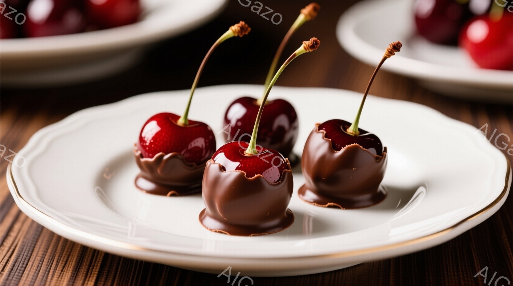 鮮やかな赤いサクランボがチョコレートでコーティングされており、その一部が溶けて表面を覆っています。サクランボは緑色の茎が付いており、白い凹型の皿の上に並べられています。背景には木目のテーブルが写ってお - AI生成フリー素材