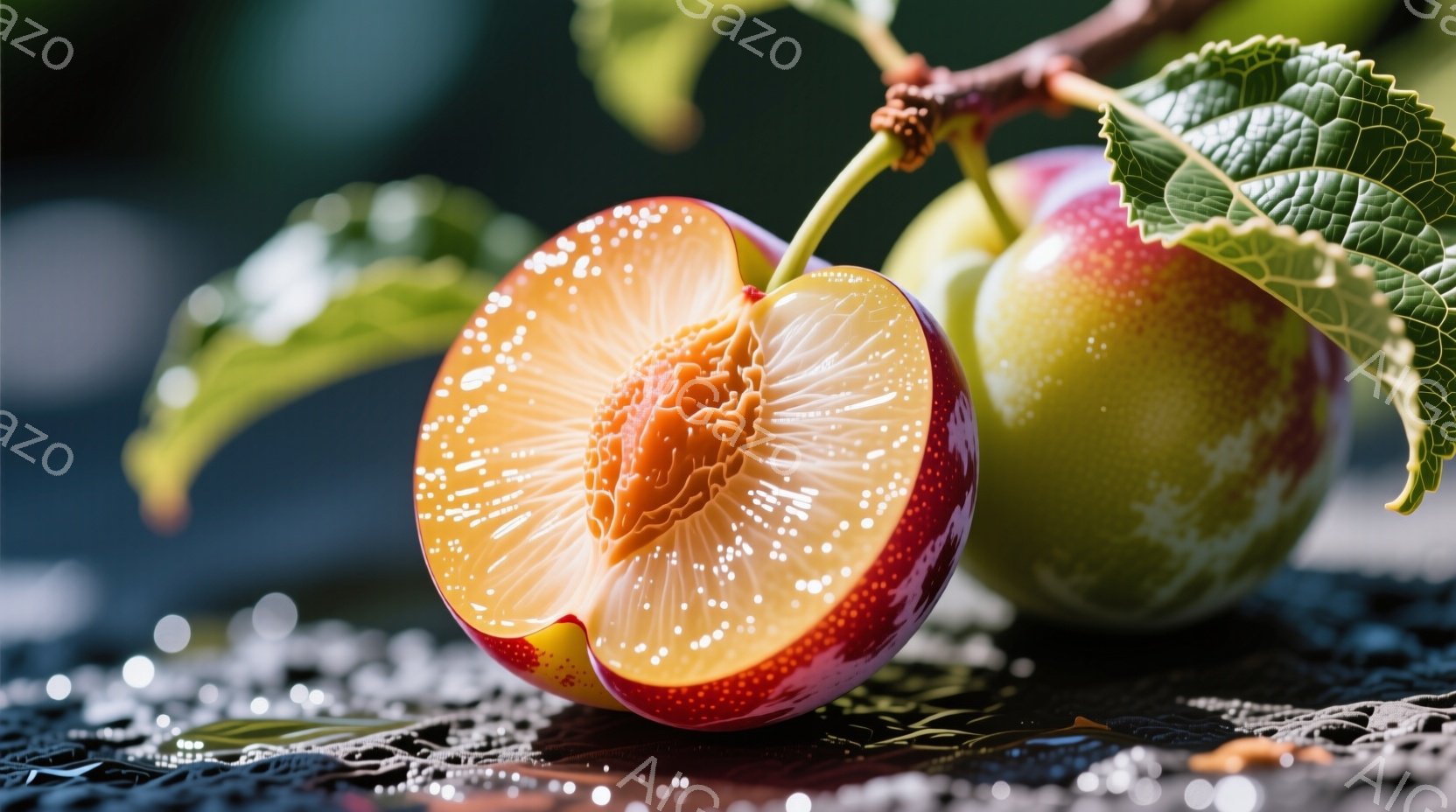 熟れたプラムが半分に割れて、種が見える状態である。背景は暗いメッシュ状の表面で、葉とプラムの茎が添えられており、水滴が散らばっているように見える。全体的に、鮮やかで、夏のフルーツの豊かな風味を感じさせる、落ち着いた雰囲気である。