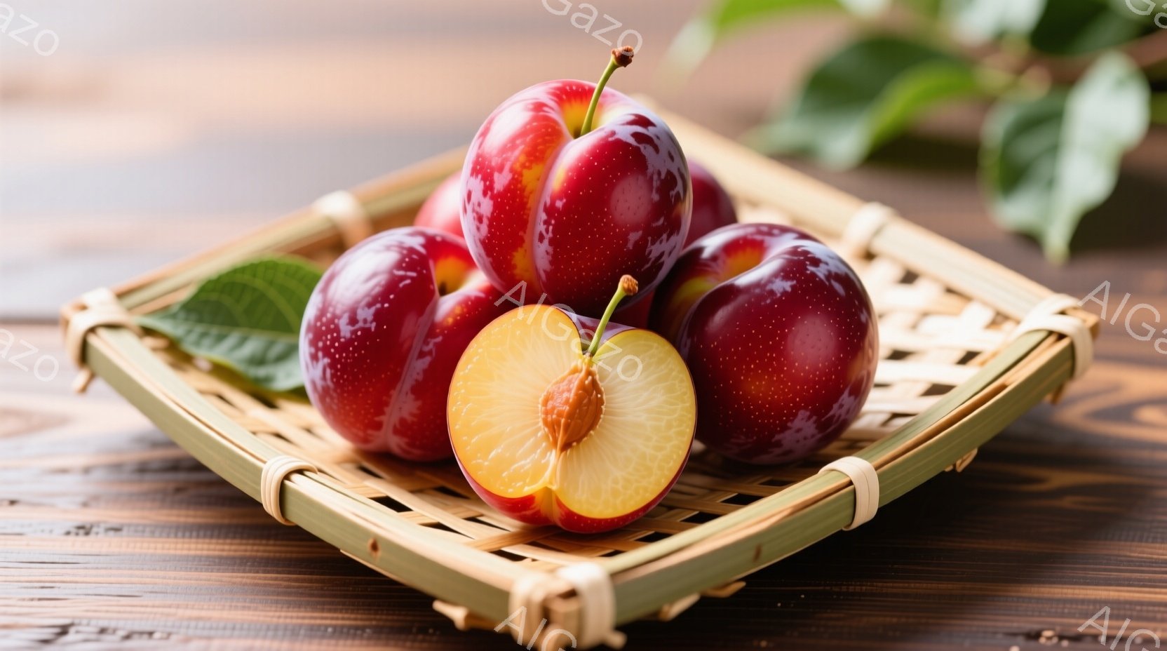 浅い木製の編み籃の中に、濃い紫色をしたプラムが数個入っています。そのうちの一つは半分にカットされており、黄色い果肉と種が見えます。背景は木製のテーブルで、鮮やかな緑の葉がアクセントとして添えられています。