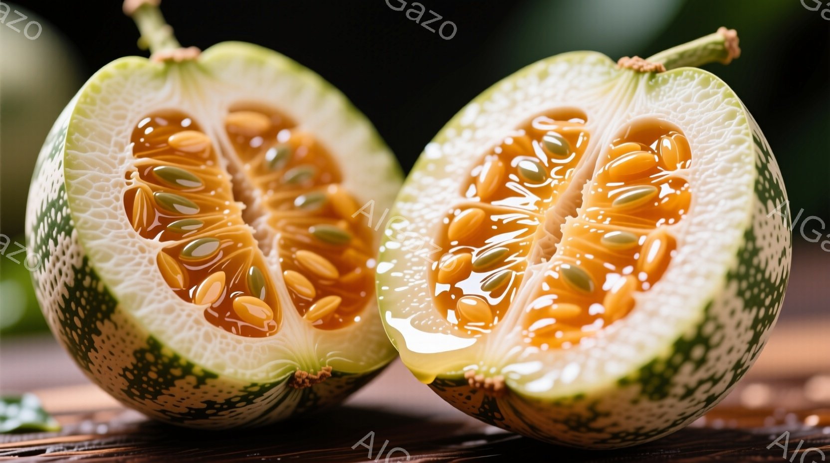 半分に切られた2つのメロンの断面を示しています。メロンは緑と黄色のまだら模様で、内部にはオレンジ色の種が密集しており、水分を多く含んだ淡い緑色の果肉が確認できます。背景は暗く、木製のテーブルのような表 - AI生成フリー素材