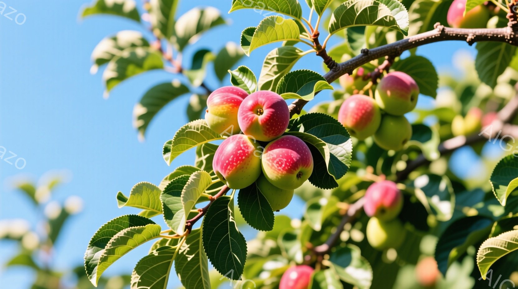 鮮やかな緑の葉に、赤と黄緑色のりんごが実っている様子が捉えられています。りんごは、まだ少し青みが残るものから、赤く熟したものまで様々で、収穫間近の秋の風景を思わせます。背景には澄み切った青空が広がり、太陽の光を浴びた葉と果実は、自然の恵みを象徴しています。