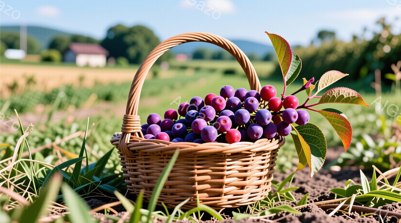籐編みのバスケットに紫色のプラム（李）が山のように盛られています。バスケットの周囲には緑の草が生い茂り、背景には畑と遠くの丘が見え、晴れた日の穏やかな田園風景が広がっています。プラムの葉が数枚添えられ、鮮やかな色彩がバスケットと自然の調和を際立たせています。