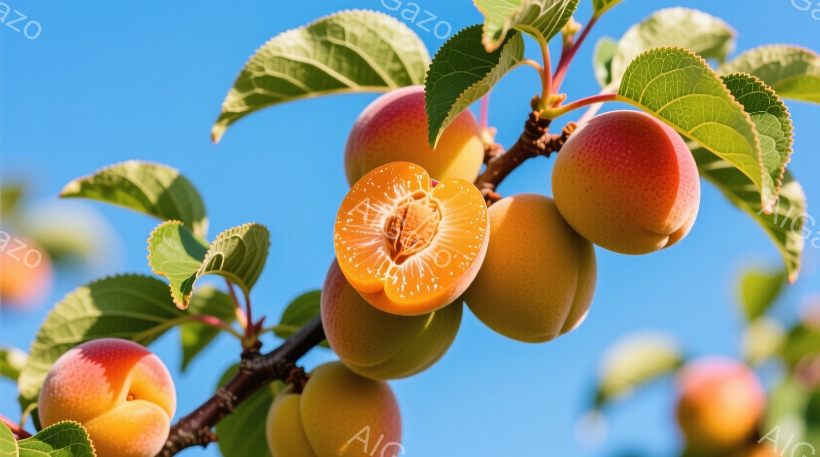 枝に実った黄色と赤色の桃が写っている。青空を背景に、葉っぱの緑と桃の鮮やかな色が際立っている。半分に切られた桃からは種が見え、瑞々しい果肉が印象的だ。 - AI生成フリー素材