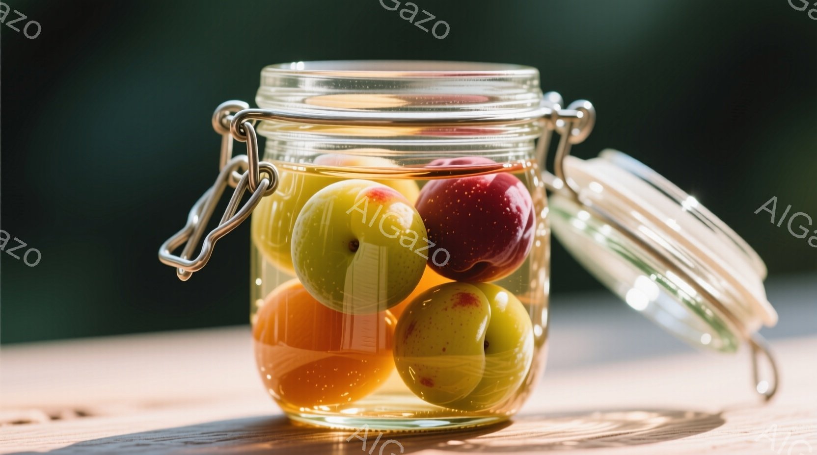 ガラス瓶の中に、黄色やオレンジ、赤色の梅干しがぎっしりと詰まっています。瓶は開いており、木製のテーブルの上に置かれており、背景は緑色のぼかしです。全体的に、手作りの梅干しを保存した、素朴で温かい雰囲気 - AI生成フリー素材