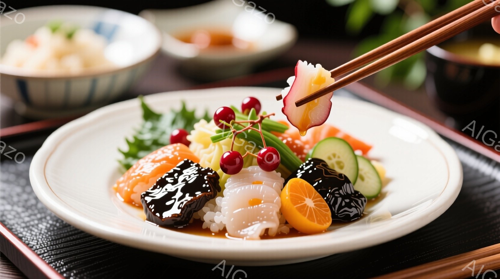 白い皿に、様々な食材が彩り豊かに盛り付けられた一品が写っている。オレンジ色のサーモン、黒い縞模様の何かの食材、白くて半透明なゼリー状のもの、そして鮮やかな赤い実が添えられており、緑色の野菜も添えられている。背景には、白い器に入ったご飯が見え、全体的に落ち着いた雰囲気で、高級感のある和食の盛り付けである。