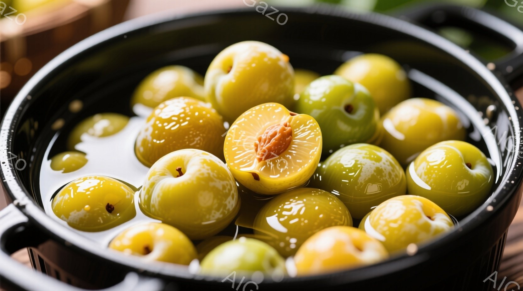 黒いお皿の中に、緑色の梅干しがぎっしりと並んでいます。一つは半分に割られており、中の種が見えています。背景は木製のテーブルで、全体的に落ち着いた雰囲気が漂っています。