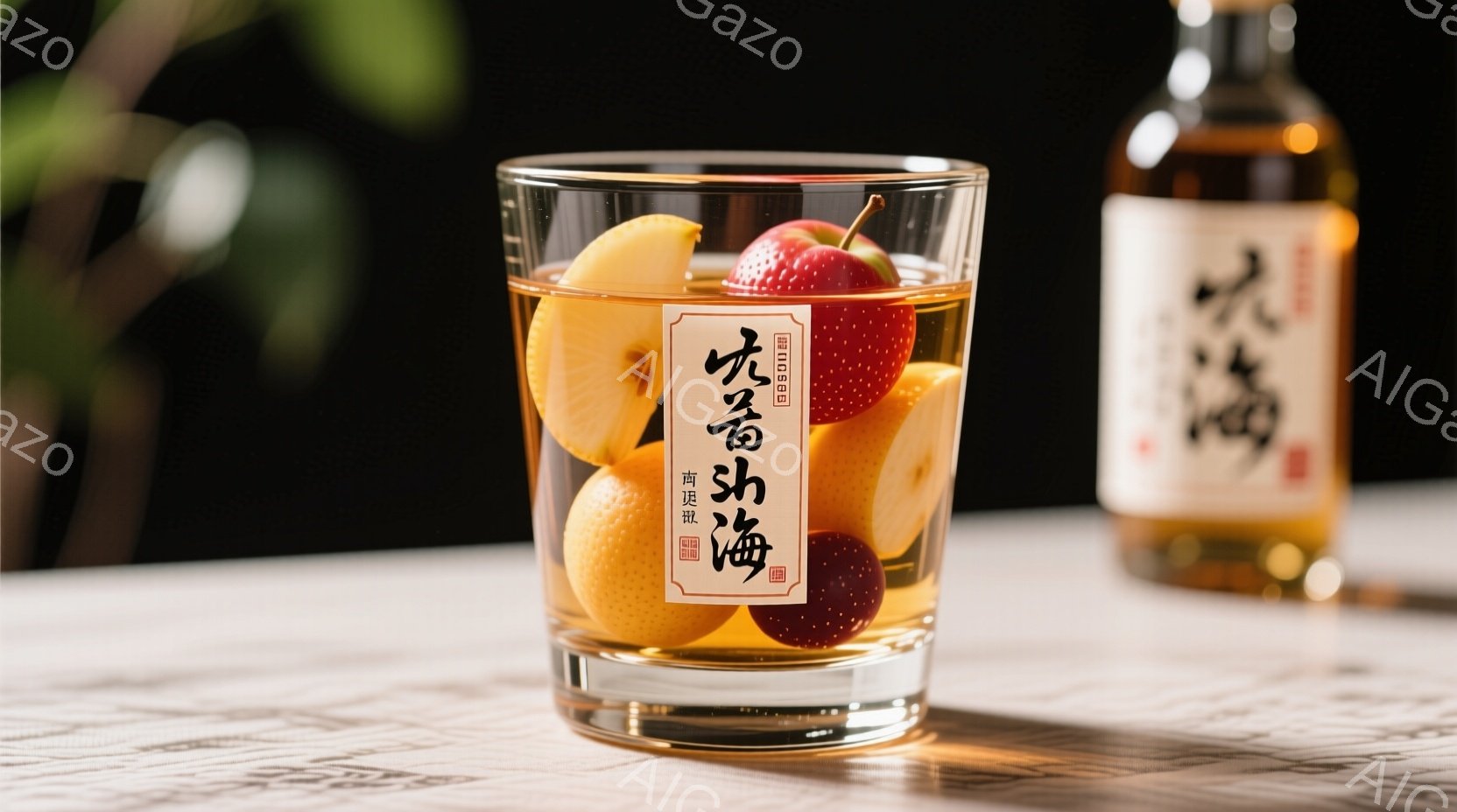 透明なグラスの中に、カットされたオレンジとイチゴが浸された琥珀色の液体が入っている。背景には、ラベルが貼られた瓶がぼやけて見え、明るい色のテーブルの上に置かれている。全体的に、爽やかで夏らしい、落ち着 - AI生成フリー素材
