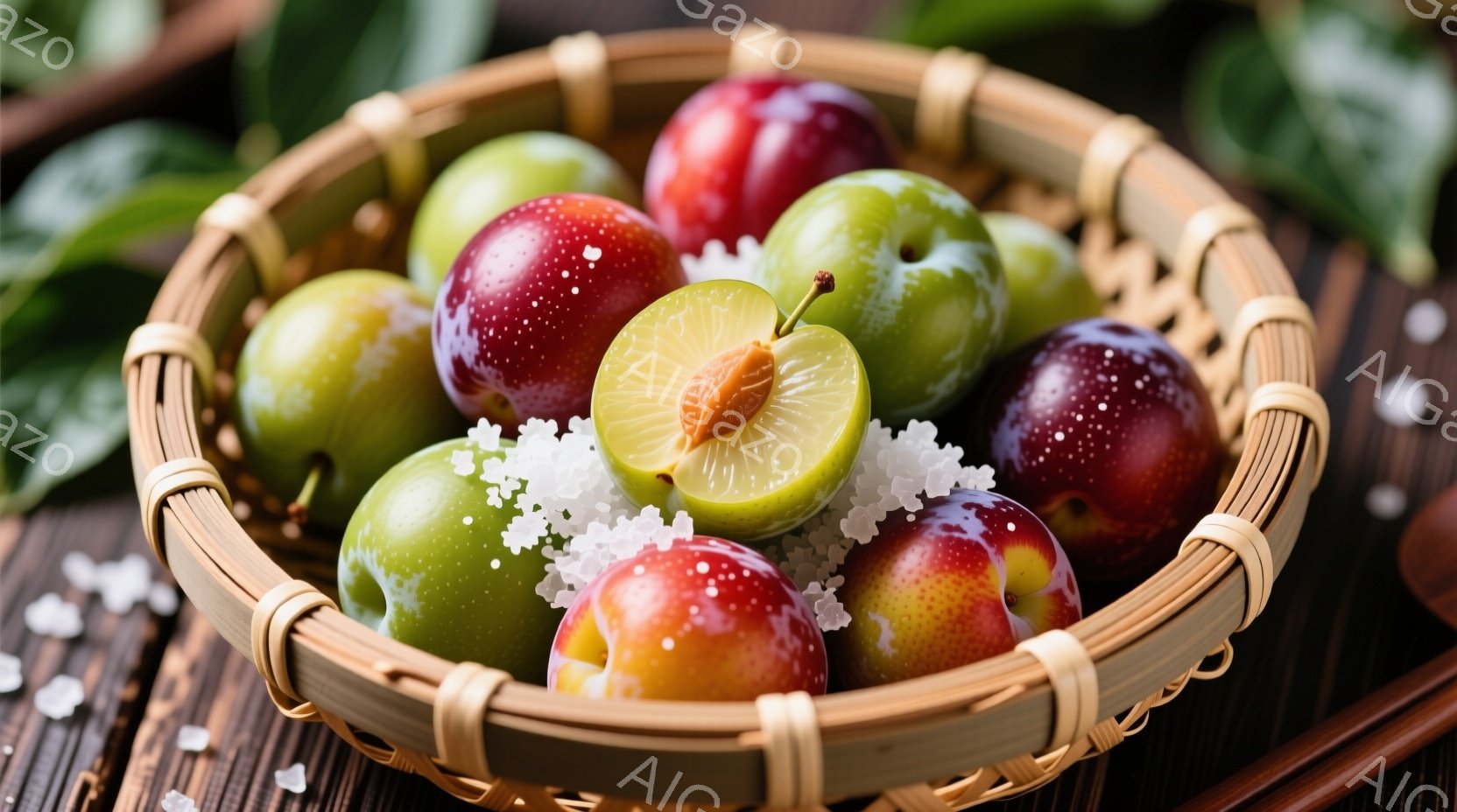 籠の中に、様々な色の梅が所狭しと並べられています。赤や黄色、緑色の梅に加えて、半分に切られた梅が中央に置かれ、種が見える様子が食欲をそそります。背景には木製のテーブルと、粗塩が散りばめられており、自然で素朴な雰囲気を醸し出しています。