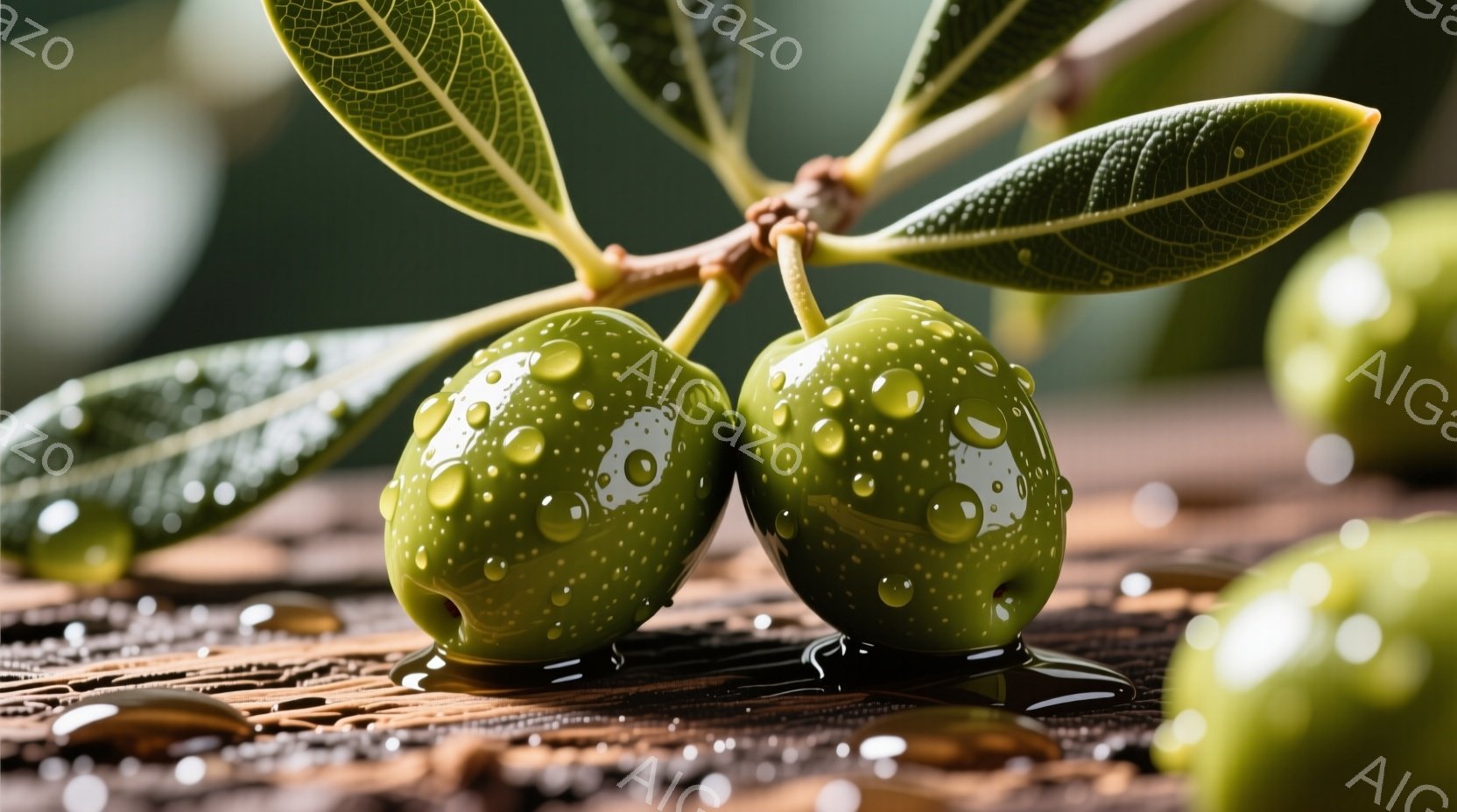 鮮やかな緑色のオリーブが二つ、枝についたまま写っている。オリーブの表面には水滴がつき、周囲にはオリーブオイルと思われる液体が滴り落ちている。背景は木製のマットのような質感で、全体的に自然で風味豊かな雰囲気を醸し出している。