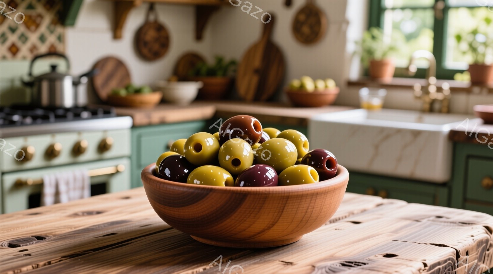 丸い木製のボウルには、黒と緑色のオリーブがたっぷり入っており、粗く削られた木製のテーブルの上に置かれています。背景には、緑色のキャビネットと美しい陶器の装飾が並び、明るいキッチン風景が広がっています。 - AI生成フリー素材