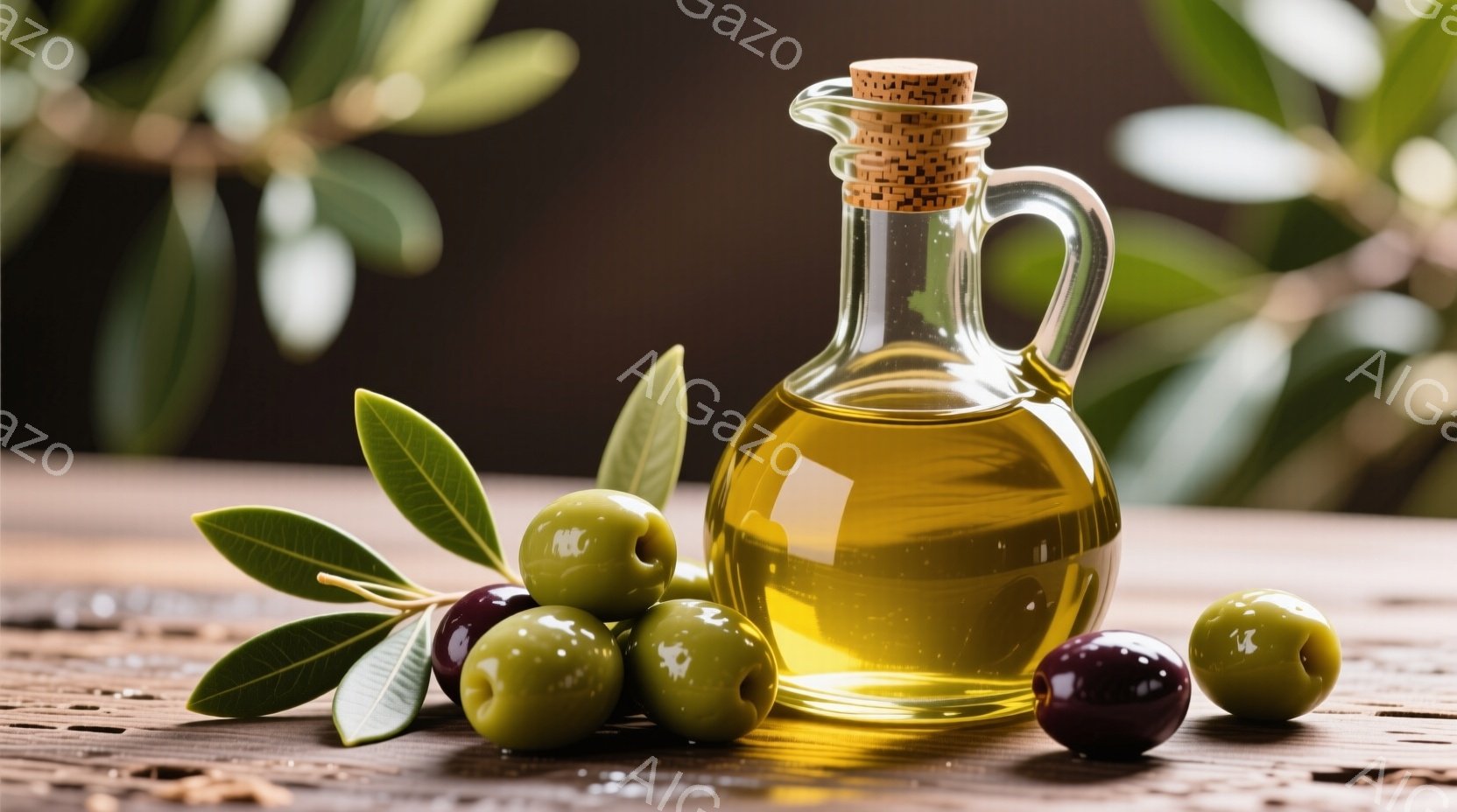 濃い木製のテーブルの上に、緑と紫色のオリーブが数個と、コルク栓の付いた透明なガラスのオリーブオイルのボトルが置かれています。背景には緑の葉がぼやけており、オリーブオイルの製造や地中海料理を連想させる落ち着いた雰囲気が漂っています。光がオイルボトルを通して輝き、全体的に暖かく、素朴な印象を与えています。