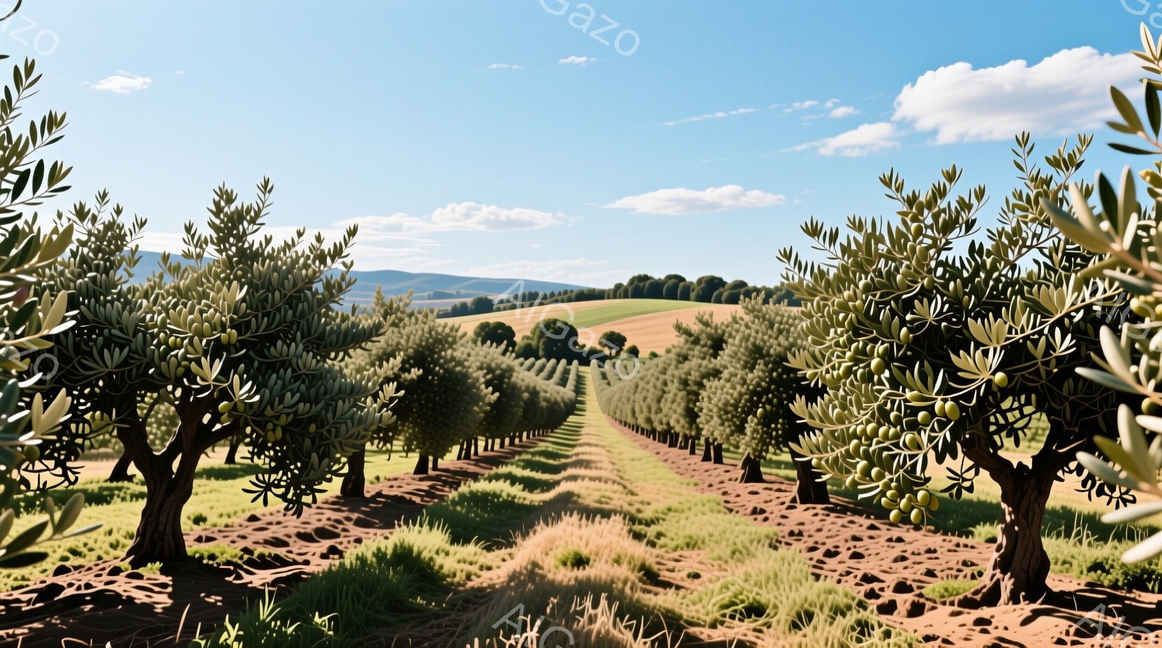 オリーブ畑が整然と並び、遠くには緑豊かな丘が見える風景です。日差しが強く、地面は乾燥しており、オリーブの実は緑色から黄色へと変化し始めています。全体的に穏やかで、平和な田園風景が広がっています。 - AI生成フリー素材