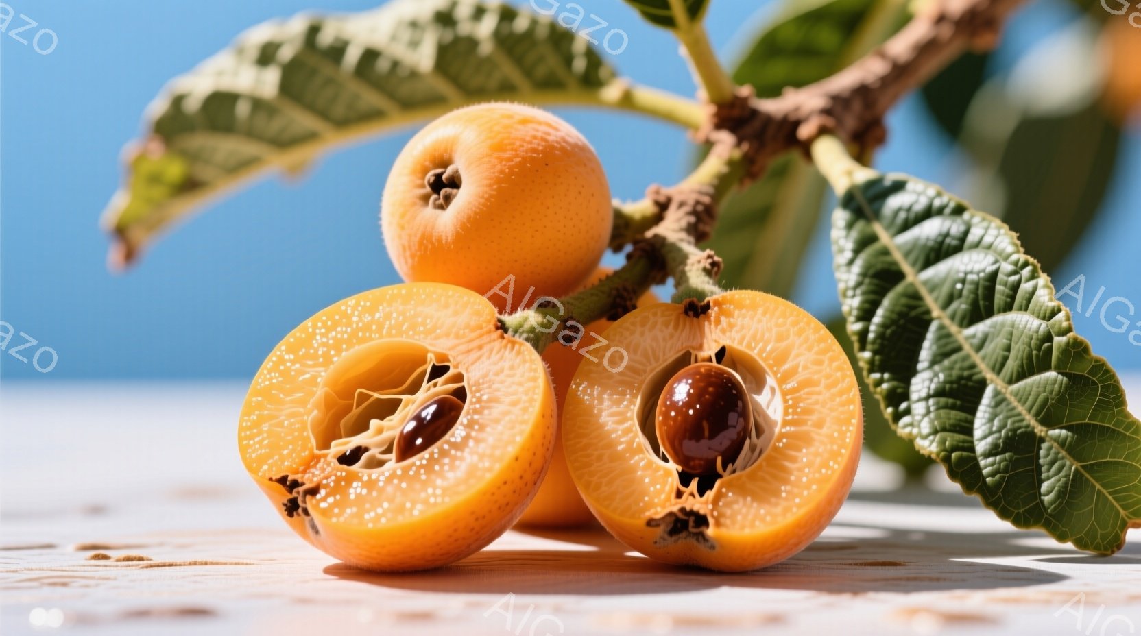 鮮やかなオレンジ色のビワが、切り口を露出して木製のテーブルの上に置かれています。背景には青空が広がり、ビワの葉が鮮やかな緑色でアクセントになっています。全体的に、自然光に照らされた、爽やかで落ち着いた雰囲気です。