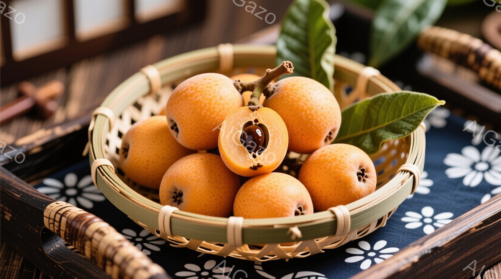 籠の中に柿が並べられています。一つは半分に切られており、オレンジ色の果肉と種が見えます。背景は濃い青色の柄の入った布で、和風の雰囲気があります。