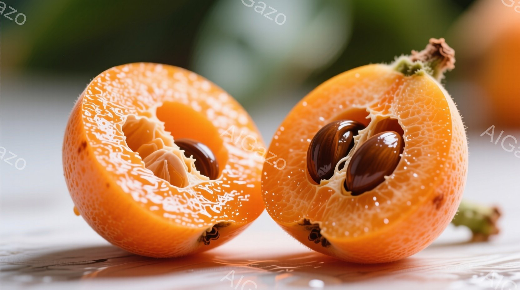 鮮やかなオレンジ色の柿が半分にカットされ、種が露出しています。柿の断面は、水分を含んでおり、種を取り囲む果肉の質感がよくわかります。背景はぼやけており、光沢のある表面に反射して柿がより際立っています。 - AI生成フリー素材