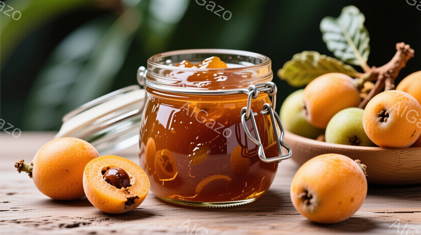 粗い木のテーブルの上に、きらきらとした琥珀色のジャムが入ったガラス瓶が置かれています。瓶の周りには、丸いオレンジ色のマルメロの実や半分に切られた実が散りばめられ、背景には緑豊かな葉が見えます。全体的に - AI生成フリー素材