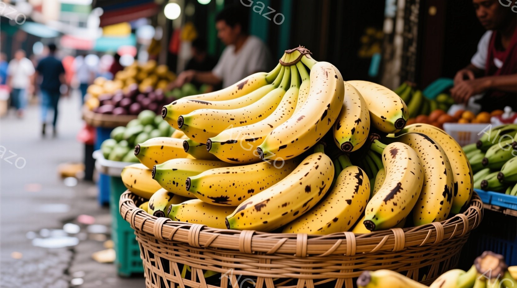 籠いっぱいの熟したバナナが前景に映っており、表面には茶色い斑点が散りばめられています。背景には、さまざまな果物が並んだ屋台と、買い物客らしき人々がぼんやりと見えます。活気のある市場の雰囲気で、暖かい日 - AI生成フリー素材