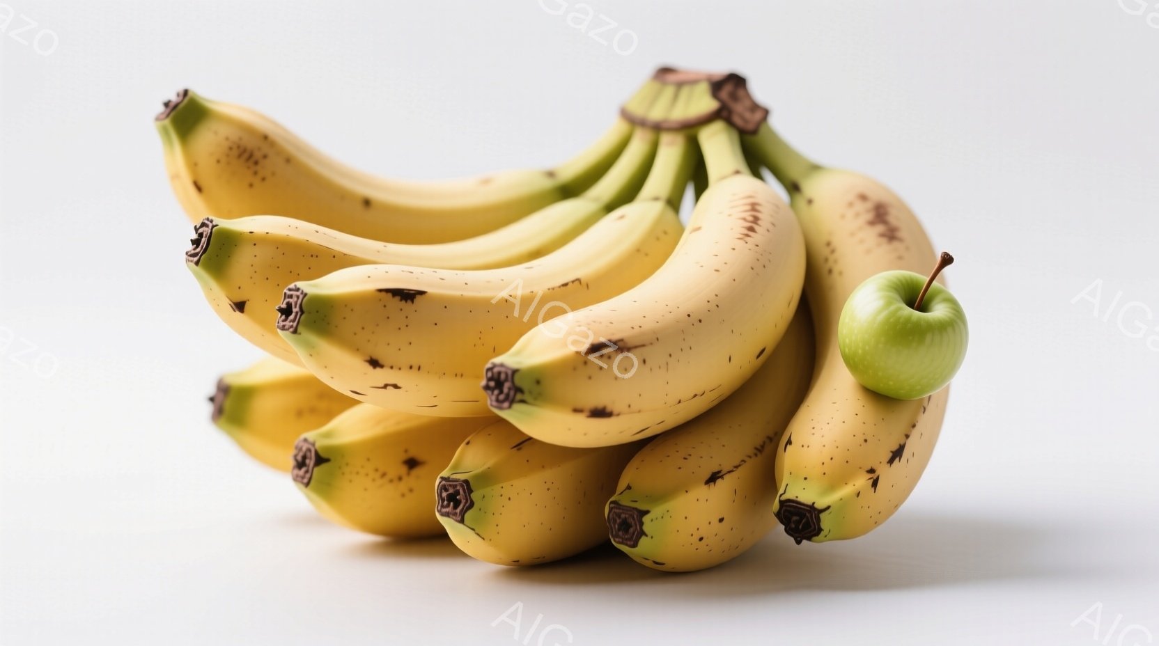 鮮やかな黄色のバナナの房が、背景の白い表面に置かれています。房の隣には、緑色のリンゴが一つ置かれており、果物の自然な色合いが際立っています。全体的にシンプルで清潔感のある構成で、果物の新鮮さを強調して - AI生成フリー素材