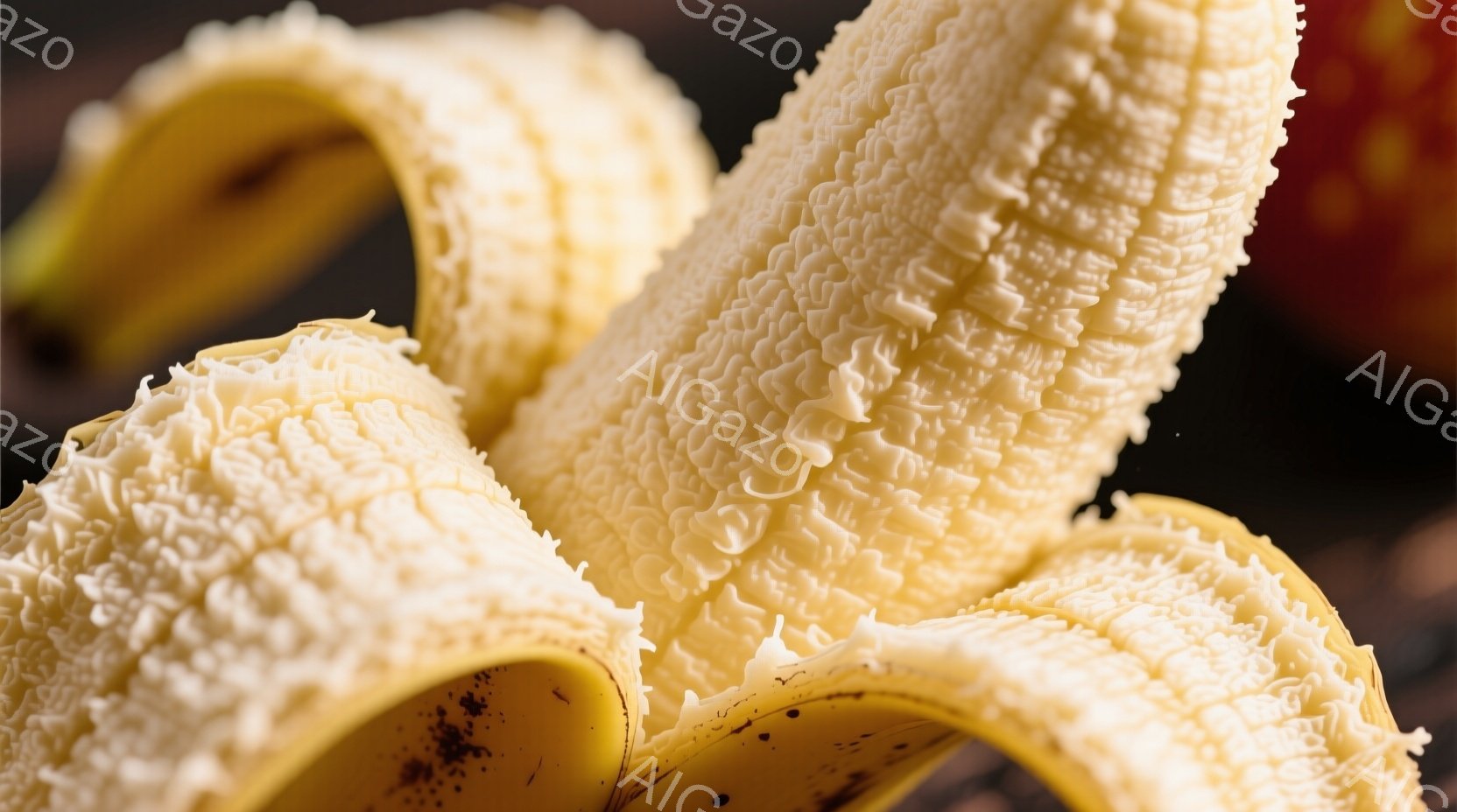 剥かれたバナナが写真の中央に大きく写っており、鮮やかな黄色が印象的です。バナナの皮はねじれ、独特の質感が強調されています。背景は暗い色調で、バナナの明るい色が際立っています。 - AI生成フリー素材