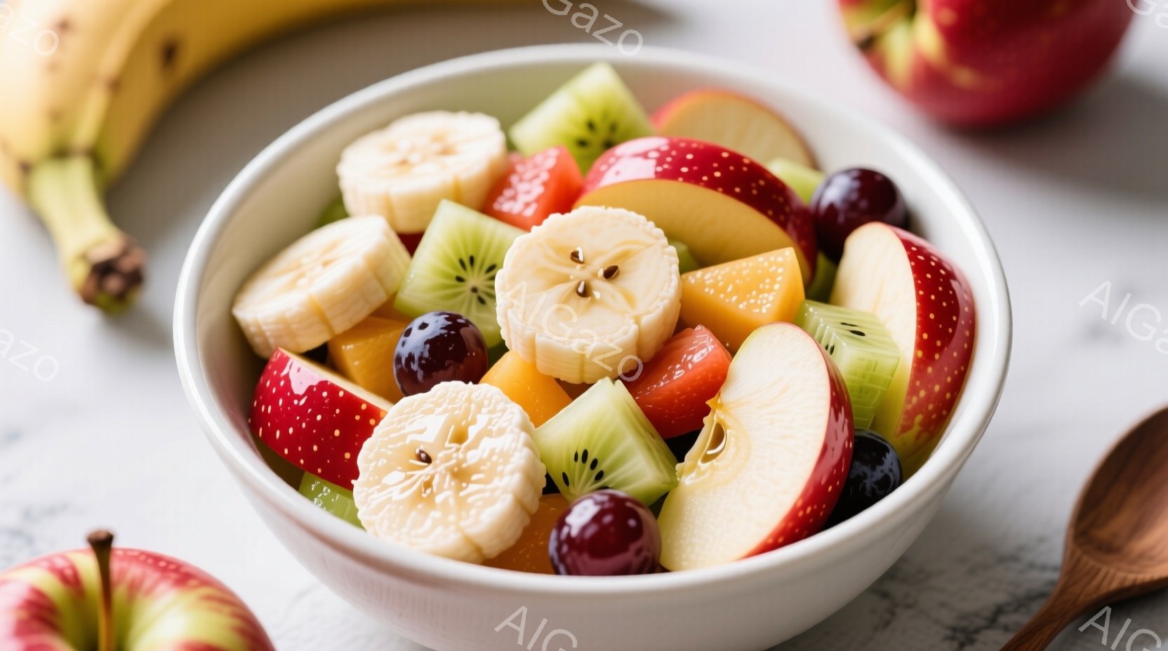 白いボウルにカットされた様々なフルーツが彩り豊かに盛られています。フルーツには、バナナ、キウイ、赤色のりんご、そして暗い紫色のベリー類が含まれており、見た目にも新鮮で美味しそうです。背景は白っぽく、光沢のある木製のスプーンが添えられており、清潔感があり健康的な雰囲気を醸し出しています。