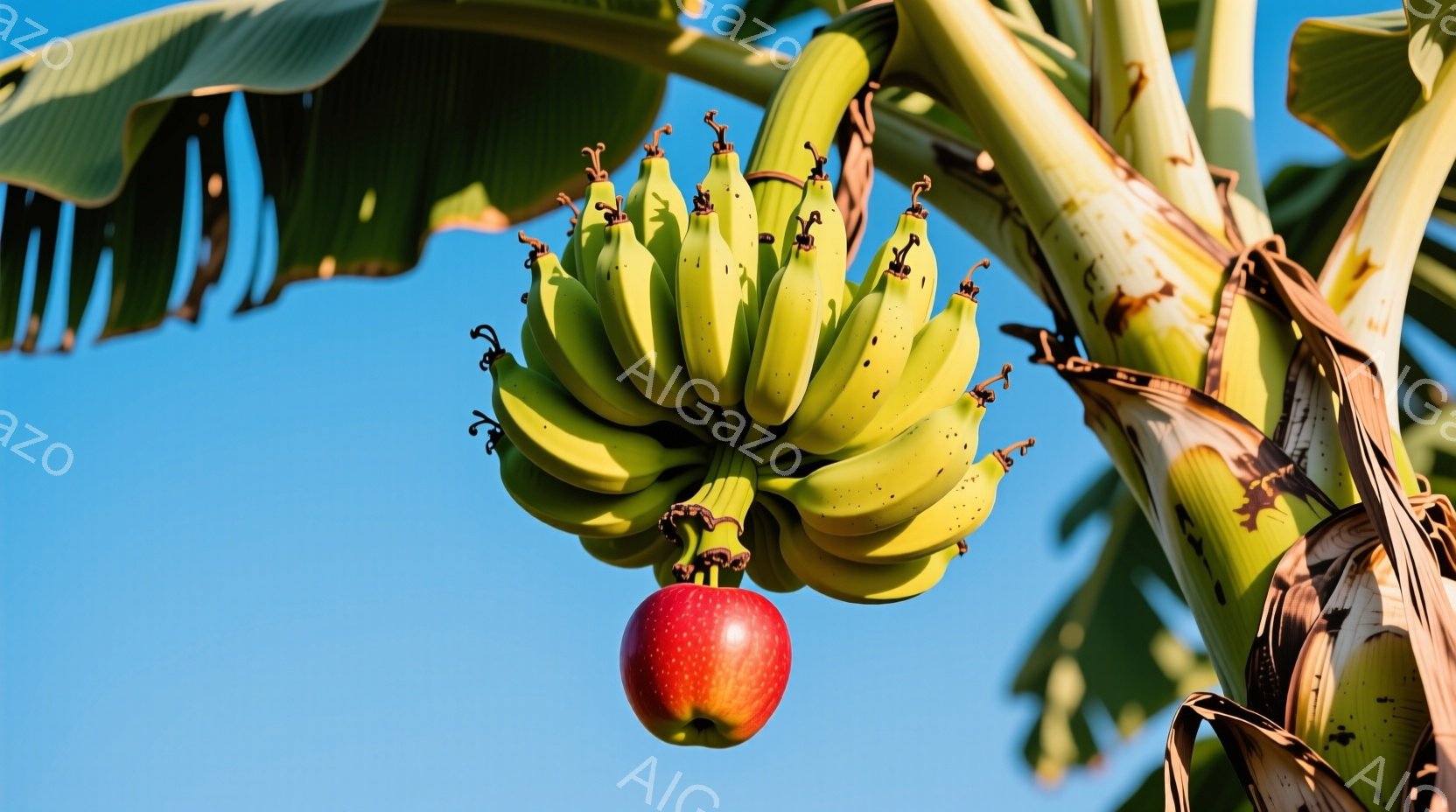 緑色のバナナの房と赤いリンゴがバナナの木の幹にぶら下がっている様子を捉えています。背景は鮮やかな青空で、バナナの木の葉が周囲に広がっています。全体的に明るく自然な雰囲気で、果実の鮮やかな色が印象的です - AI生成フリー素材