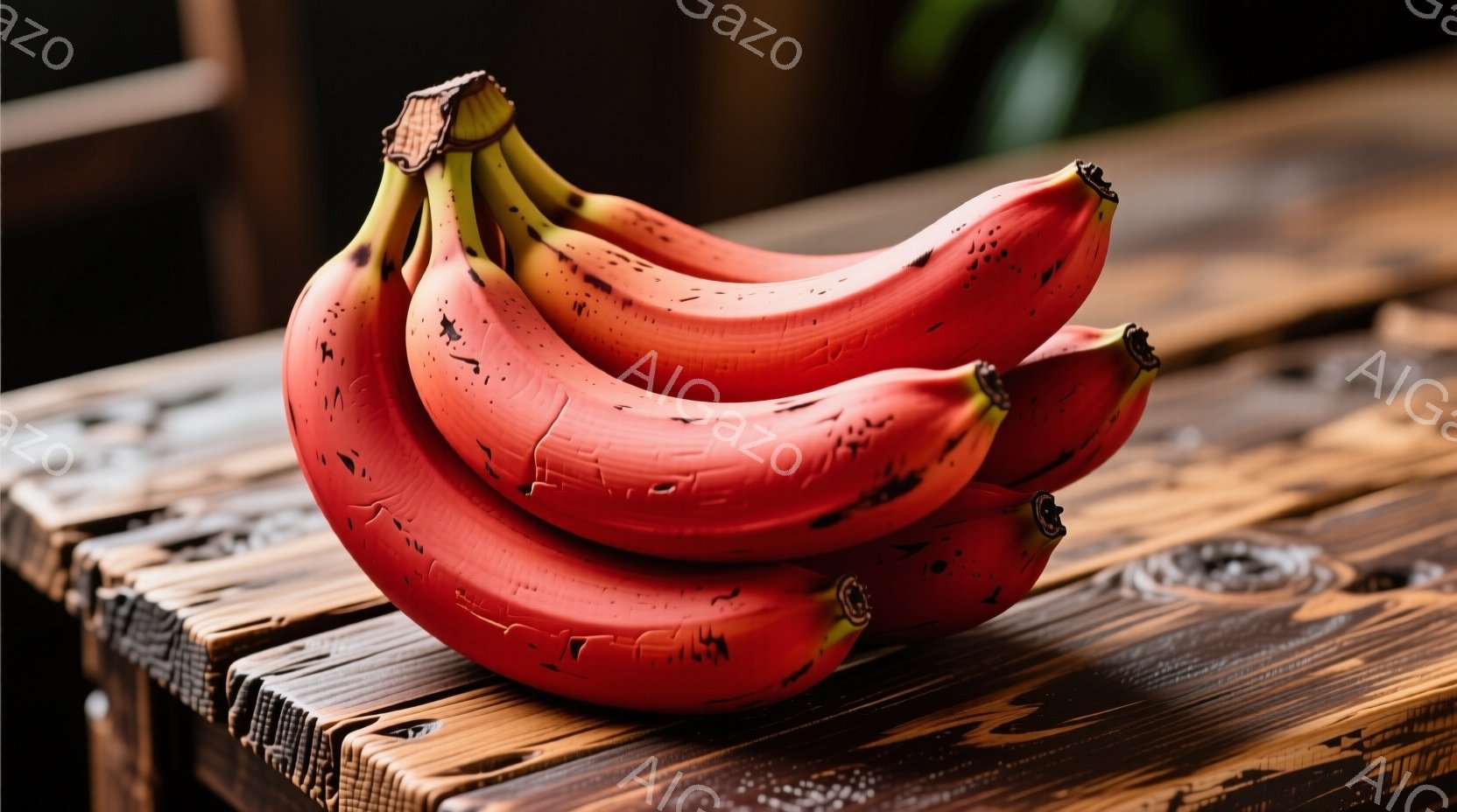 緑色の肌をした奇妙な生き物が、曲がったバナナに乗ってこちらを見ています。その生き物は白い髪の毛のようなものを生やしており、少しいたずらっぽい表情を浮かべています。背景はぼやけた自然で、土や落ち葉が確認でき、柔らかくユーモラスな雰囲気が漂っています。