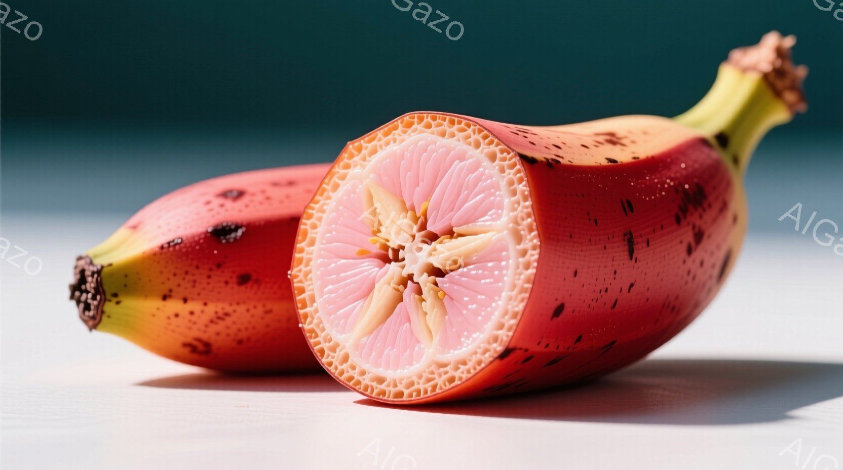 鮮やかなピンク色の断面を持つバナナが2本、白い台の上に横たわっています。バナナは赤から黄色へとグラデーションがかかっており、断面からは星のような形をした種が見えます。背景は淡い水色で、全体的に明るく、 - AI生成フリー素材