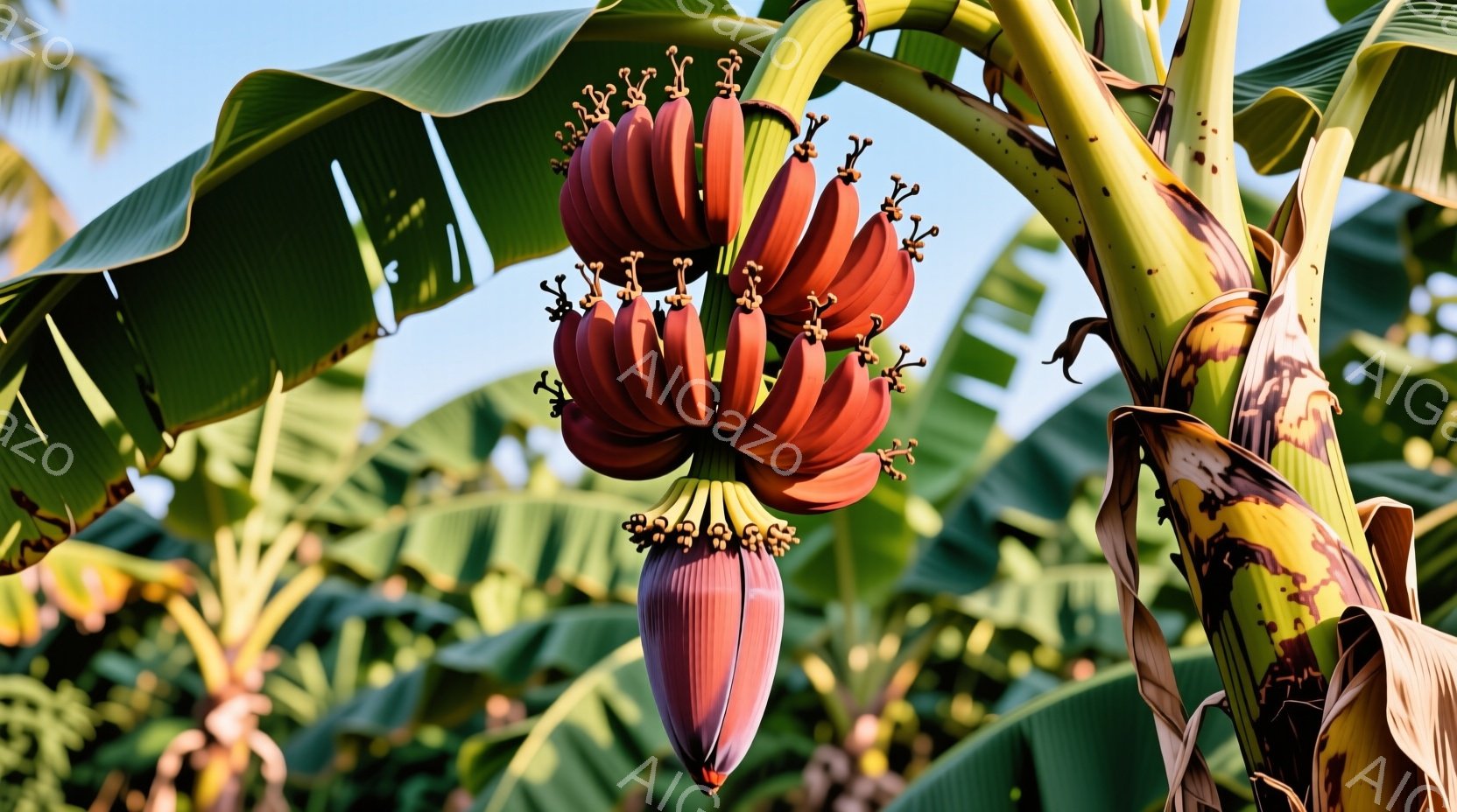バナナの房が焦点となっており、まだ緑色の未熟なバナナと、赤みがかった熟し始めたバナナが混ざり合っている様子がわかる。背景には緑豊かなバナナの葉が生い茂り、茎は茶色と緑のまだら模様で、太陽の光が差し込み自然な雰囲気を醸し出している。全体的に、収穫前のバナナ園の生命力と、成長の過程を捉えた暖かいイメージである。