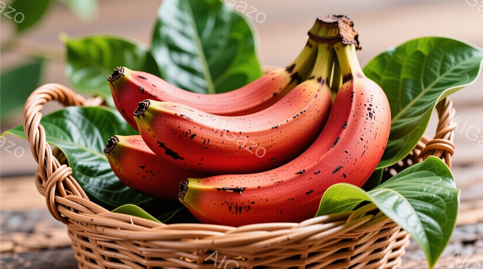 籠の中に、熟したバナナがいくつか並んでいます。周りには緑色の葉が生い茂り、自然な雰囲気を醸し出しています。背景はぼかされており、バナナと葉が際立っています。