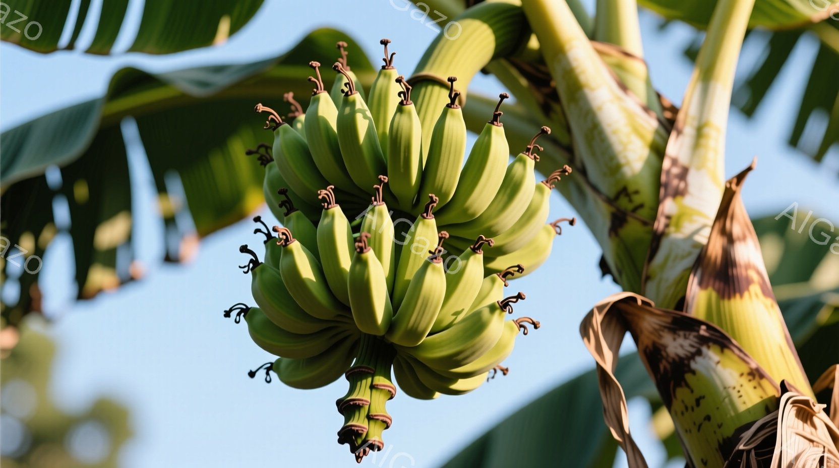 緑色のバナナの房が写っています。バナナはまだ緑色で、熟す前の状態であることがわかります。背景には青空とバナナの葉が見え、穏やかな熱帯の雰囲気を醸し出しています。