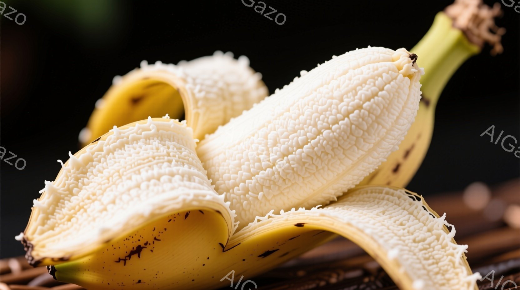 剥かれたバナナが茶色の編み込まれた表面の上に置かれています。果肉は明るい黄色で、少し緑がかった部分も見られ、新鮮さを感じさせます。背景は暗く、バナナの鮮やかな色とテクスチャが際立っています。 - AI生成フリー素材